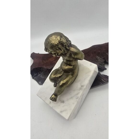 Brass Cherub Bookend Paperweight  Figurine on Marble Bases Regency - Picture 9 of 16